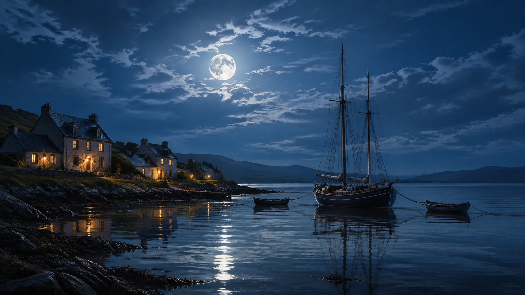 Sailboat Under Full Moon Beside Quiet Scottish Shoreline