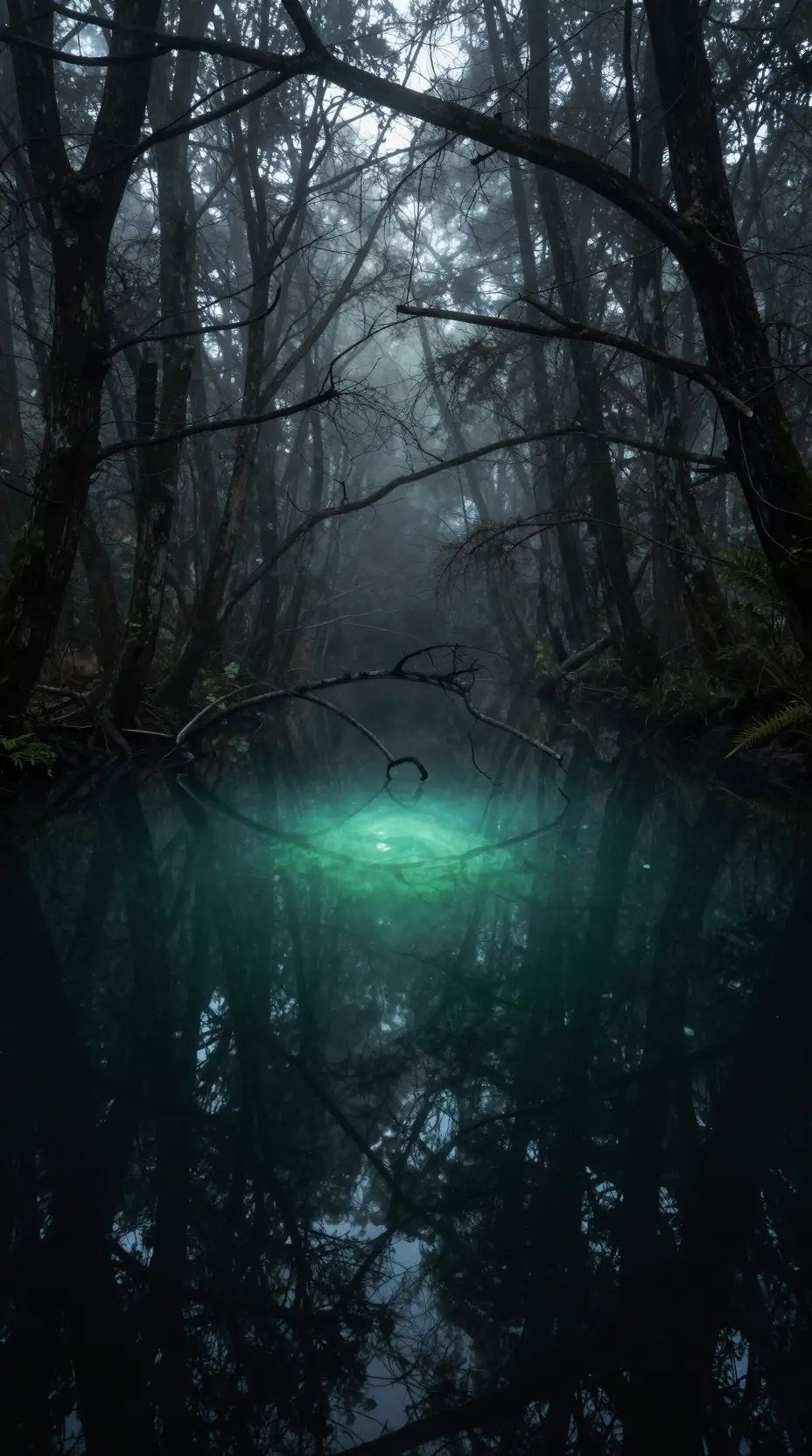 Luminescent Pond In A Mist Shrouded Ancient Forest