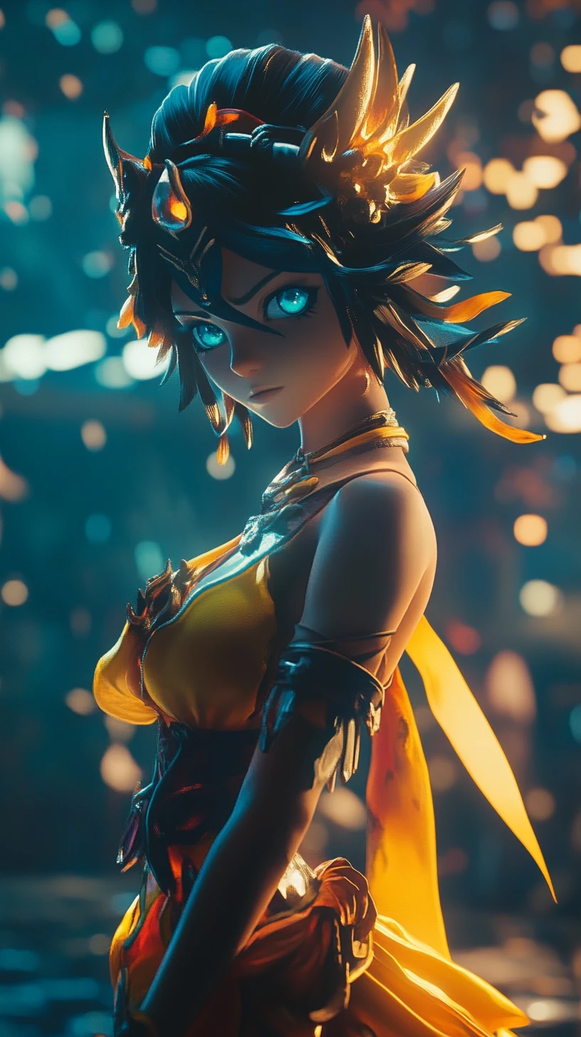 Princesa guerreira de anime dançando em um palco fracamente iluminado