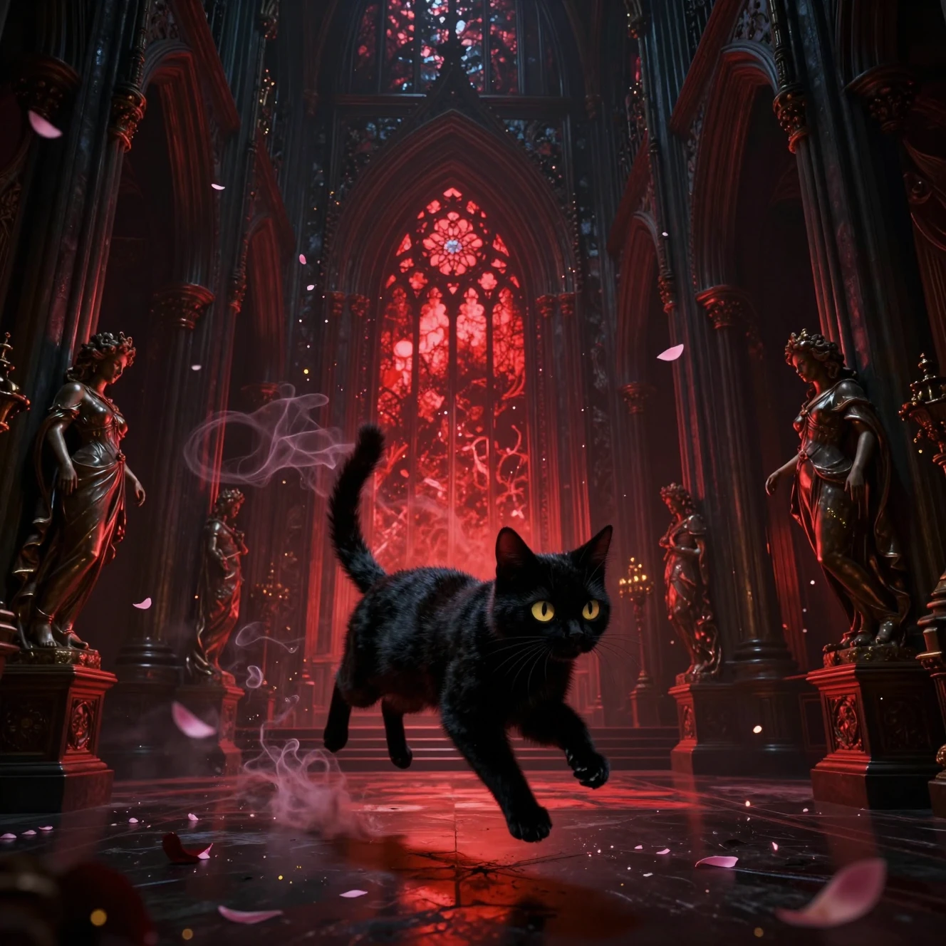 Black cat leaping through red lit gothic mirror hall