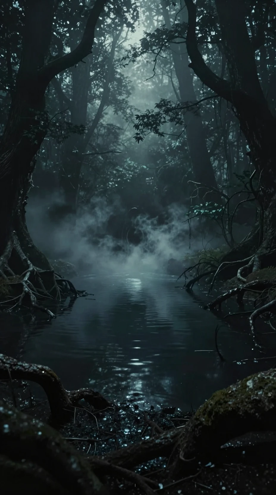 Cosmic horror forest pond with glowing mist portal