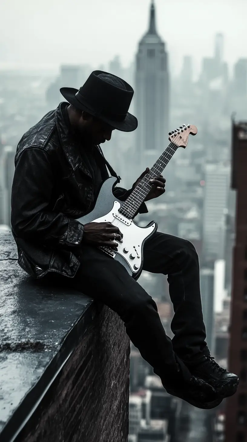 Blues guitarist on city rooftop with glowing white guitar