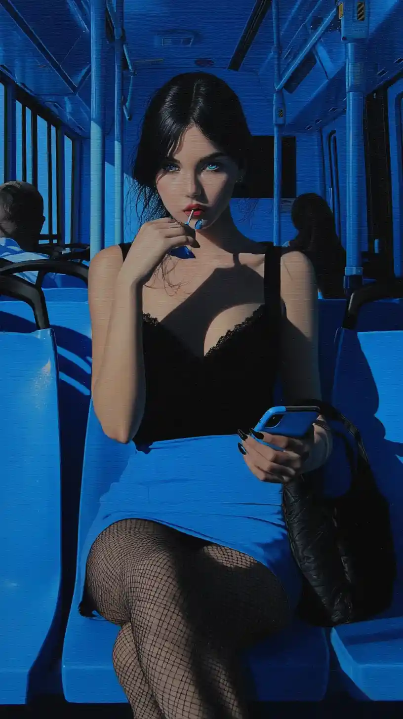 Femme dans un bus matinal regardant son smartphone