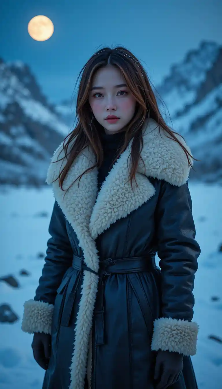 Korean girl in a leather coat at blue hour in Altai