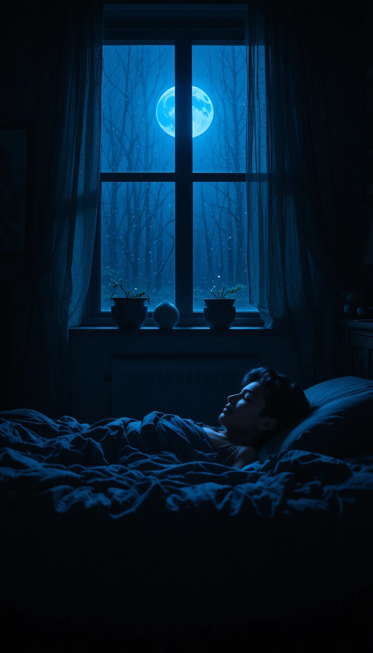 Young boy sleeping in moonlit bedroom with eerie shadows