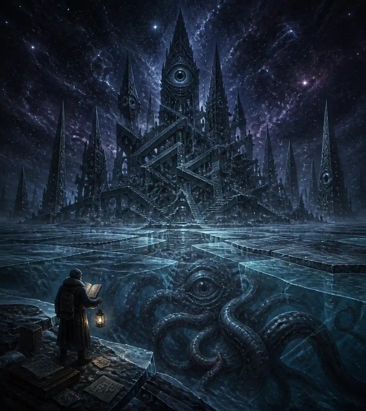 Cyclopean alien city rising from a frozen sea
