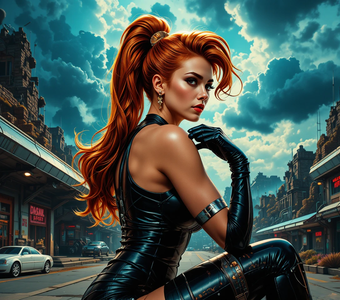 Red haired sci fi heroine in dramatic side profile pose