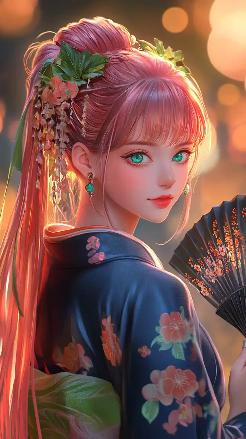 Anime girl in floral kimono with fan under glowing lights