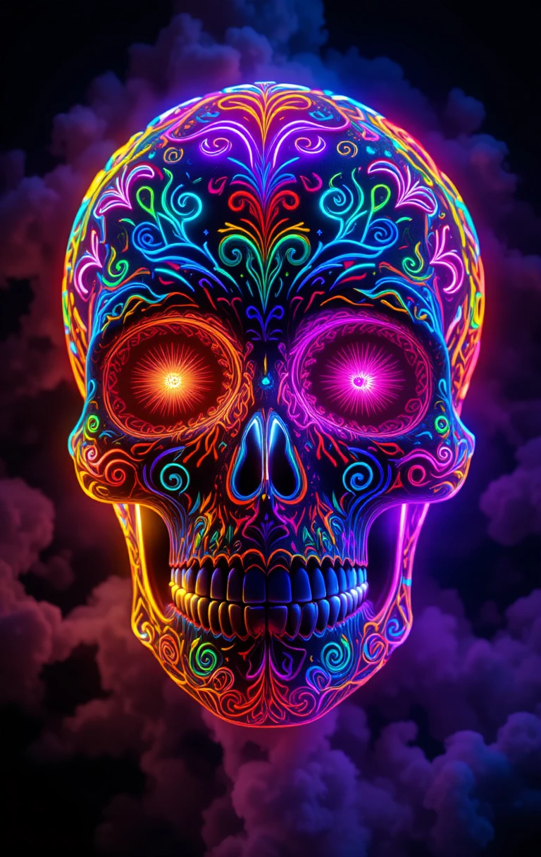 Glowing rainbow sugar skull with ornate swirling designs