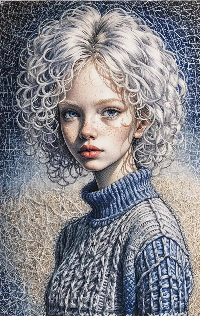 Blue ballpoint portrait of albino girl in knit sweater