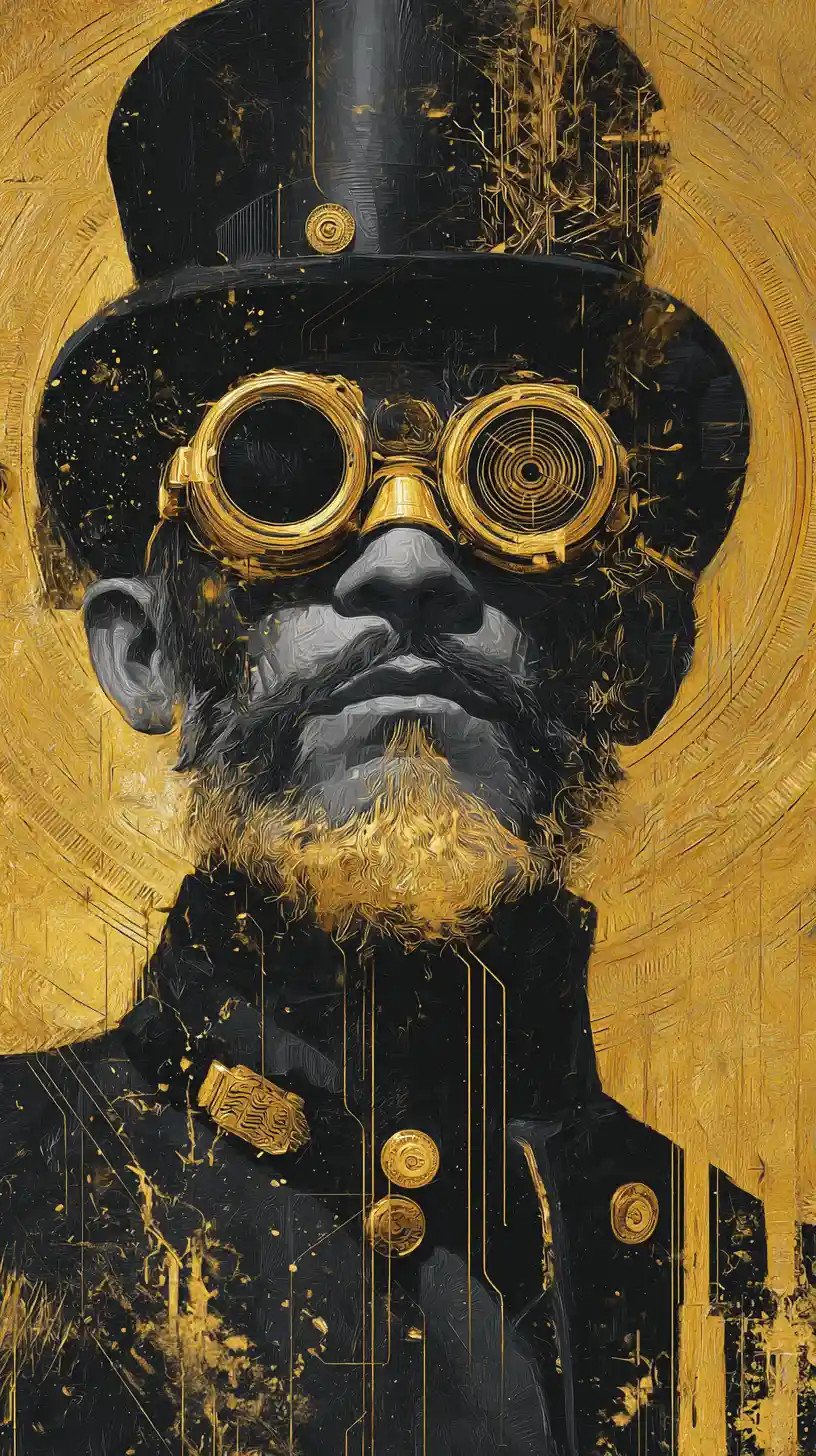 Steampunk man in golden goggles with abstract split background