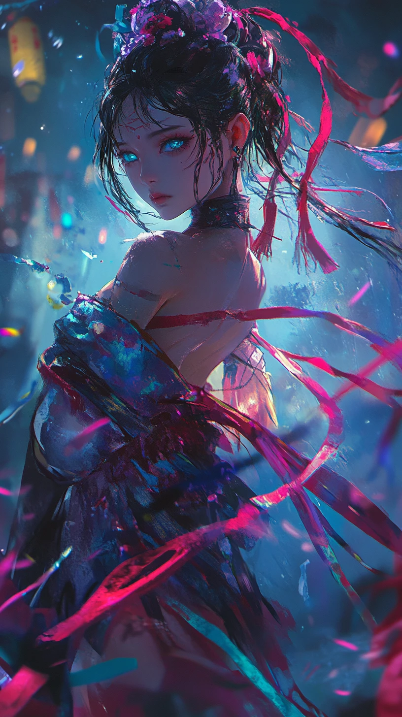 Anime warrior princess dancing alone on a dark stage