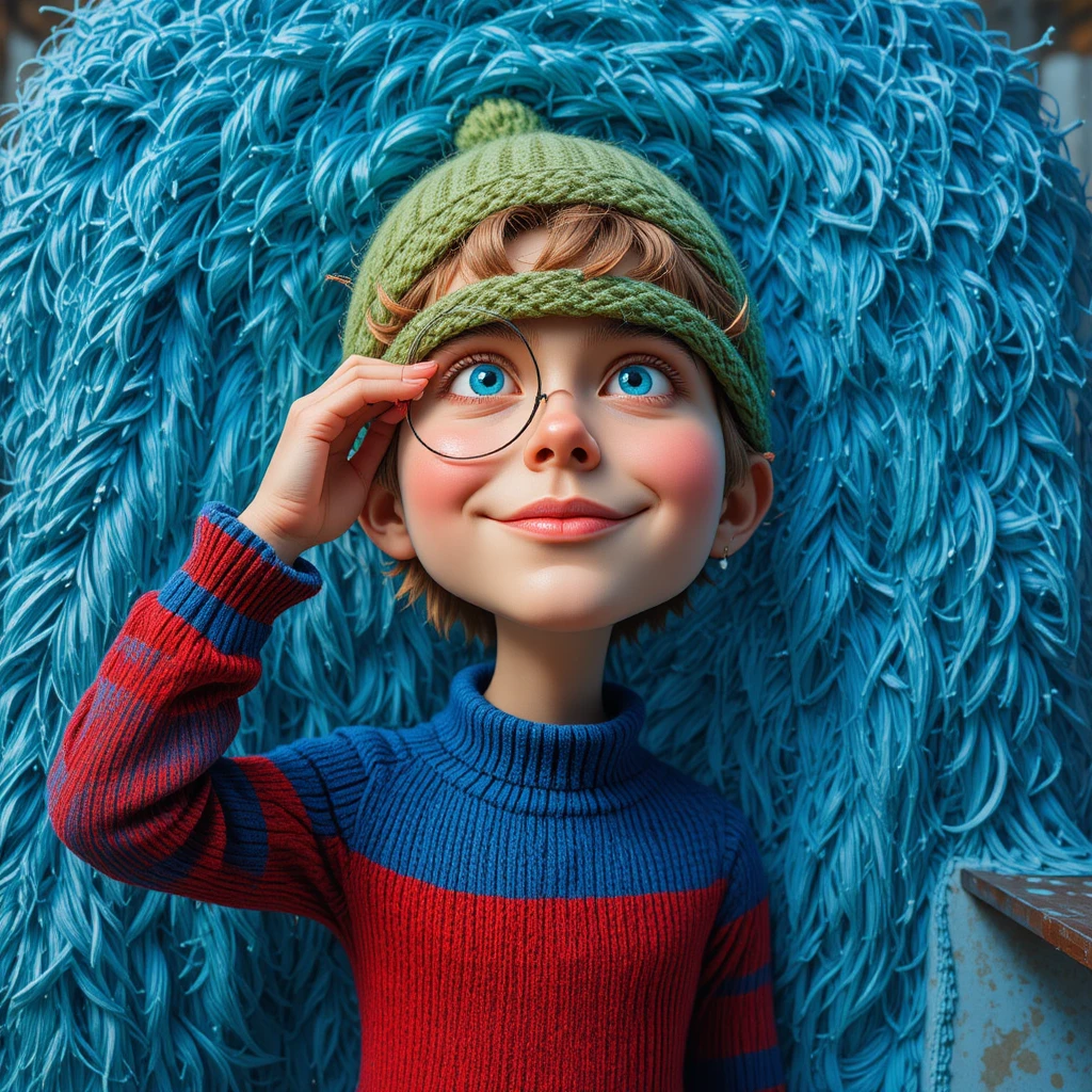 Young boy in winter clothes pulling a green knit hat