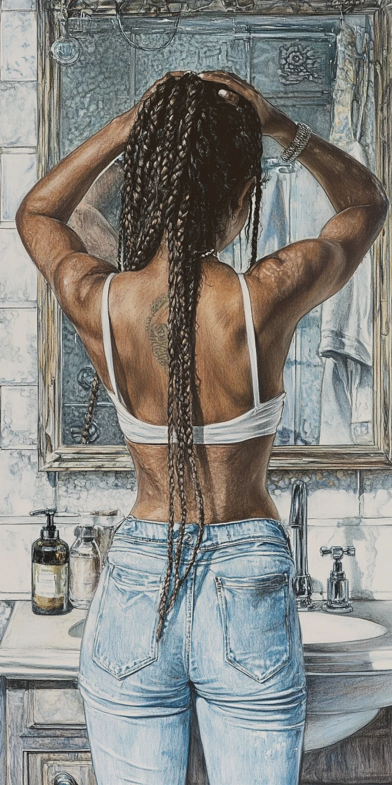 Young woman adjusting box braids in bathroom mirror