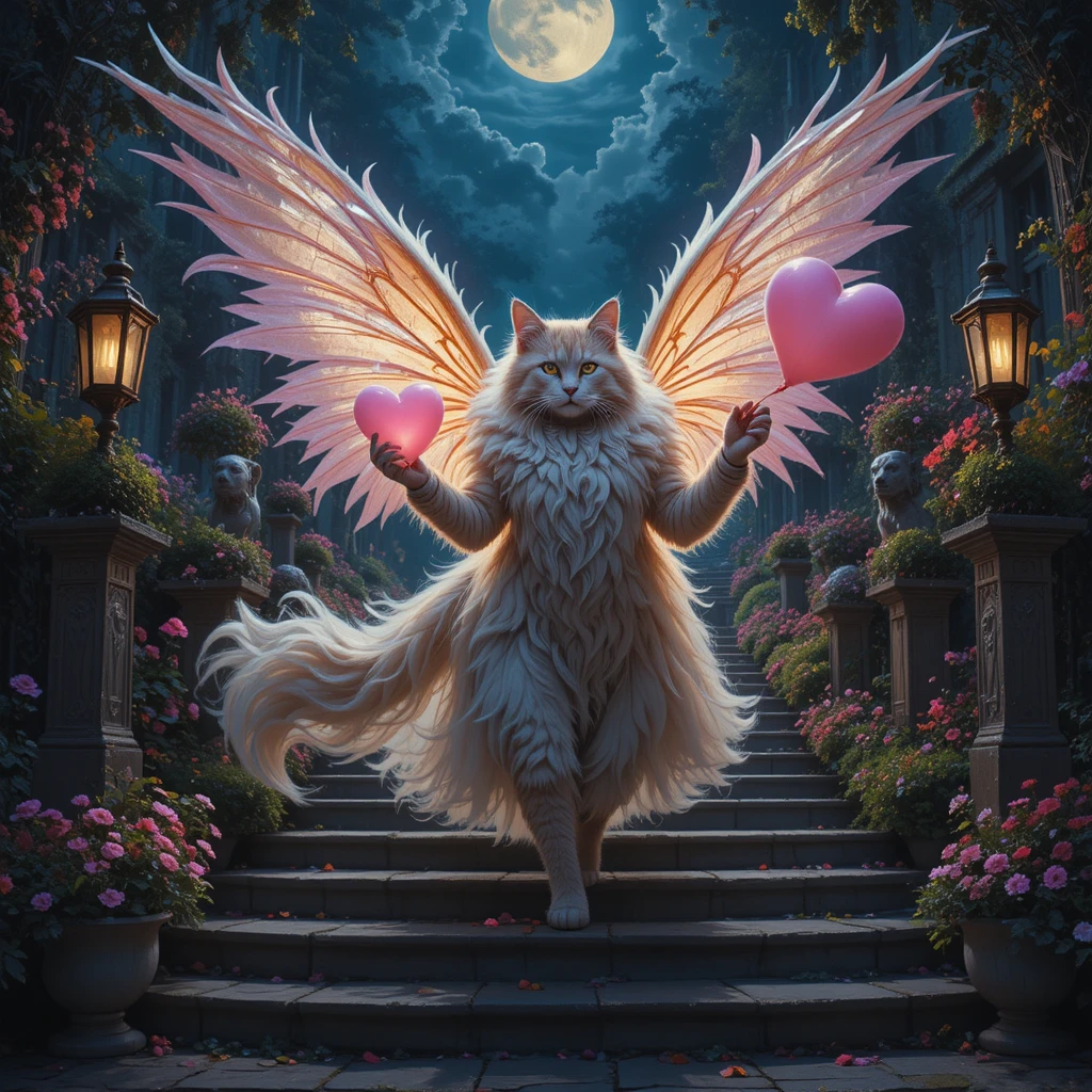 Fairy maine coon cat on a moonlit garden staircase