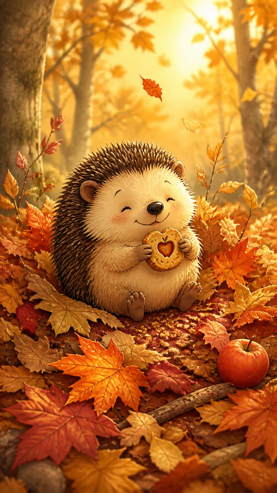 Erizo adorable entre hojas de otoño sosteniendo una galleta