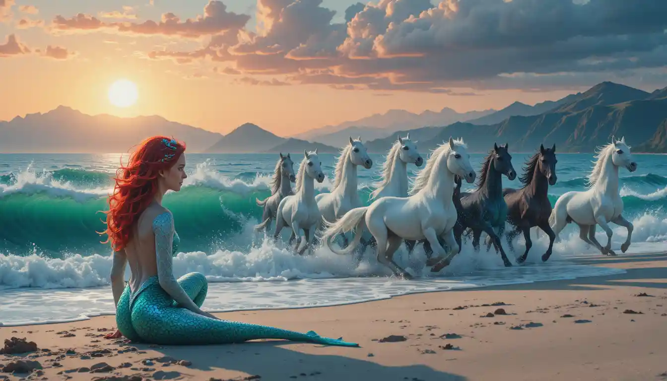Red haired mermaid sitting on a quiet sandy beach