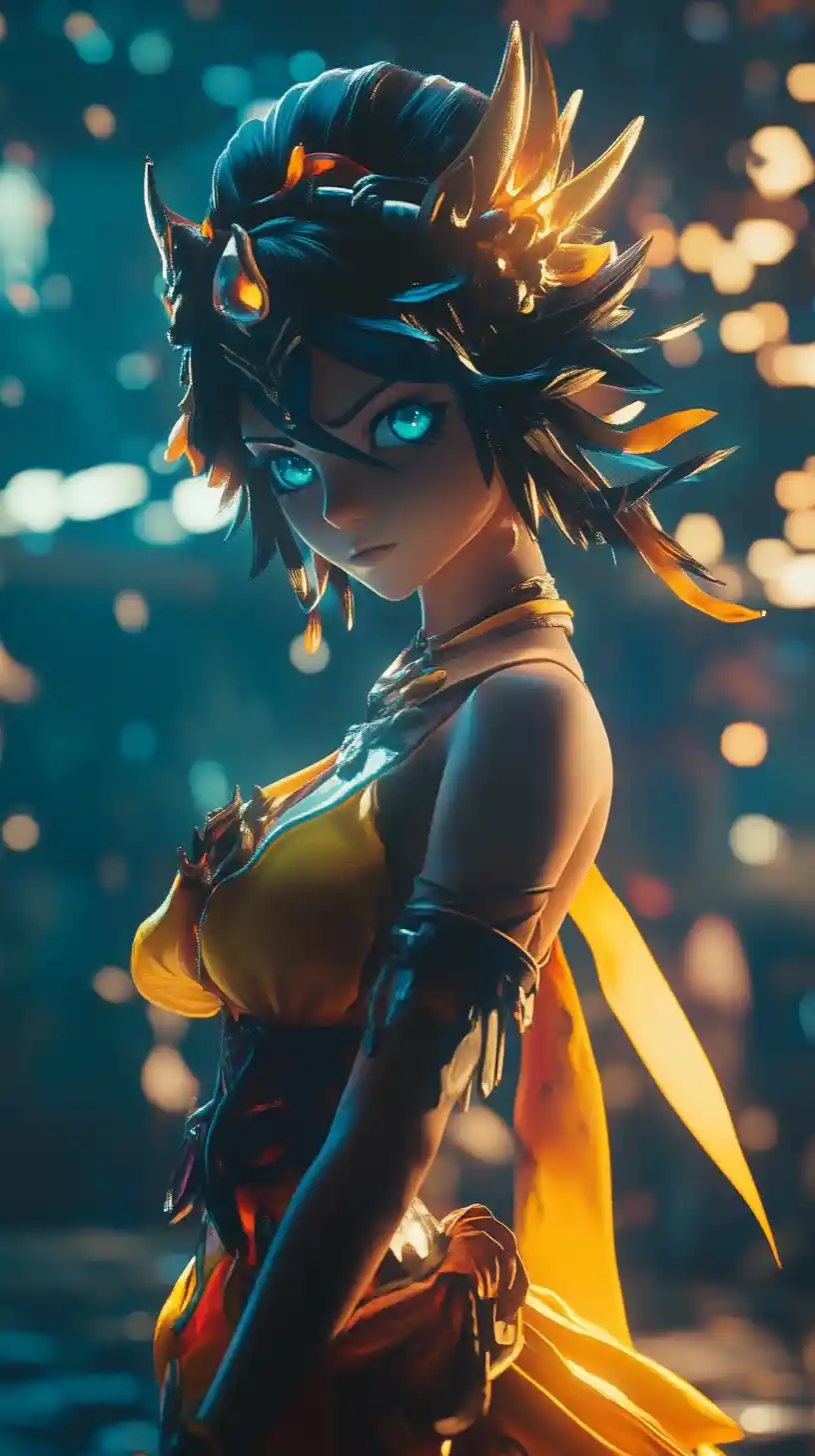 Anime warrior princess dancing on a dimly lit stage