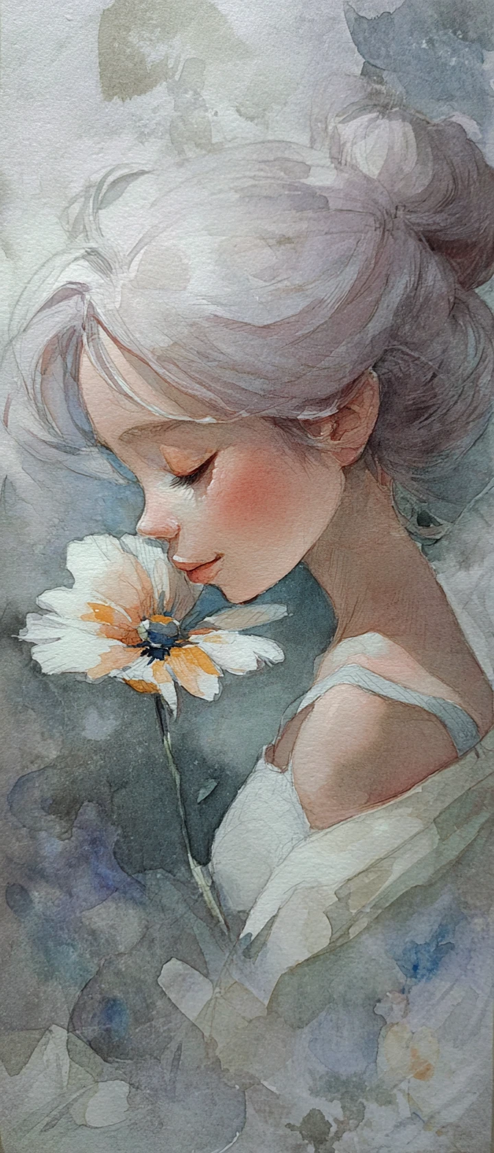 Retrato en acuarela de una niña oliendo delicadamente una flor