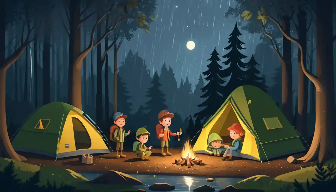 Cute clay style children camping in a rainy night forest