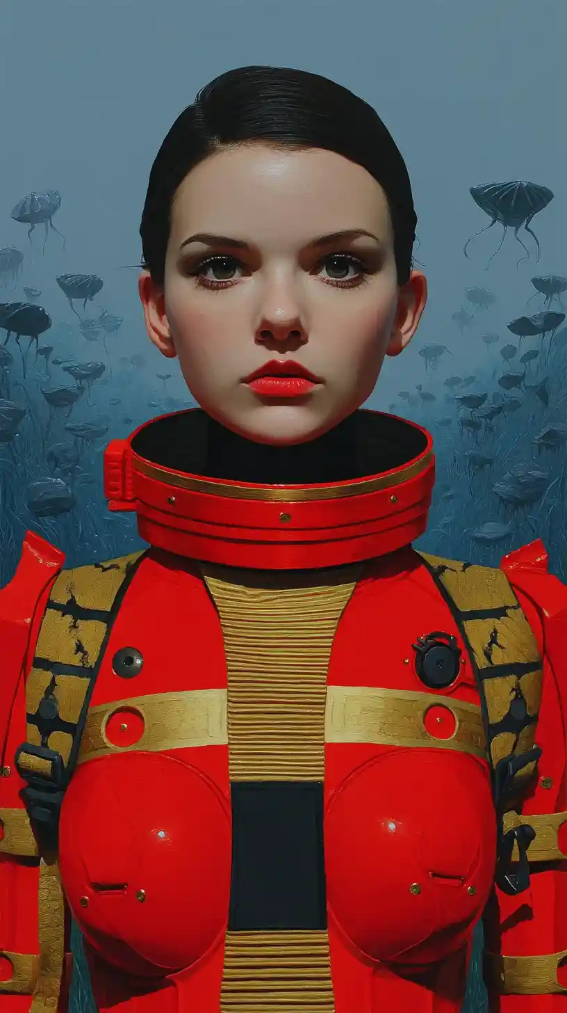 Sci fi woman in gold latex suit on alien desert