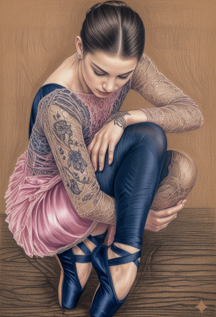 Young ballerina in lace leotard crouched on wooden floor