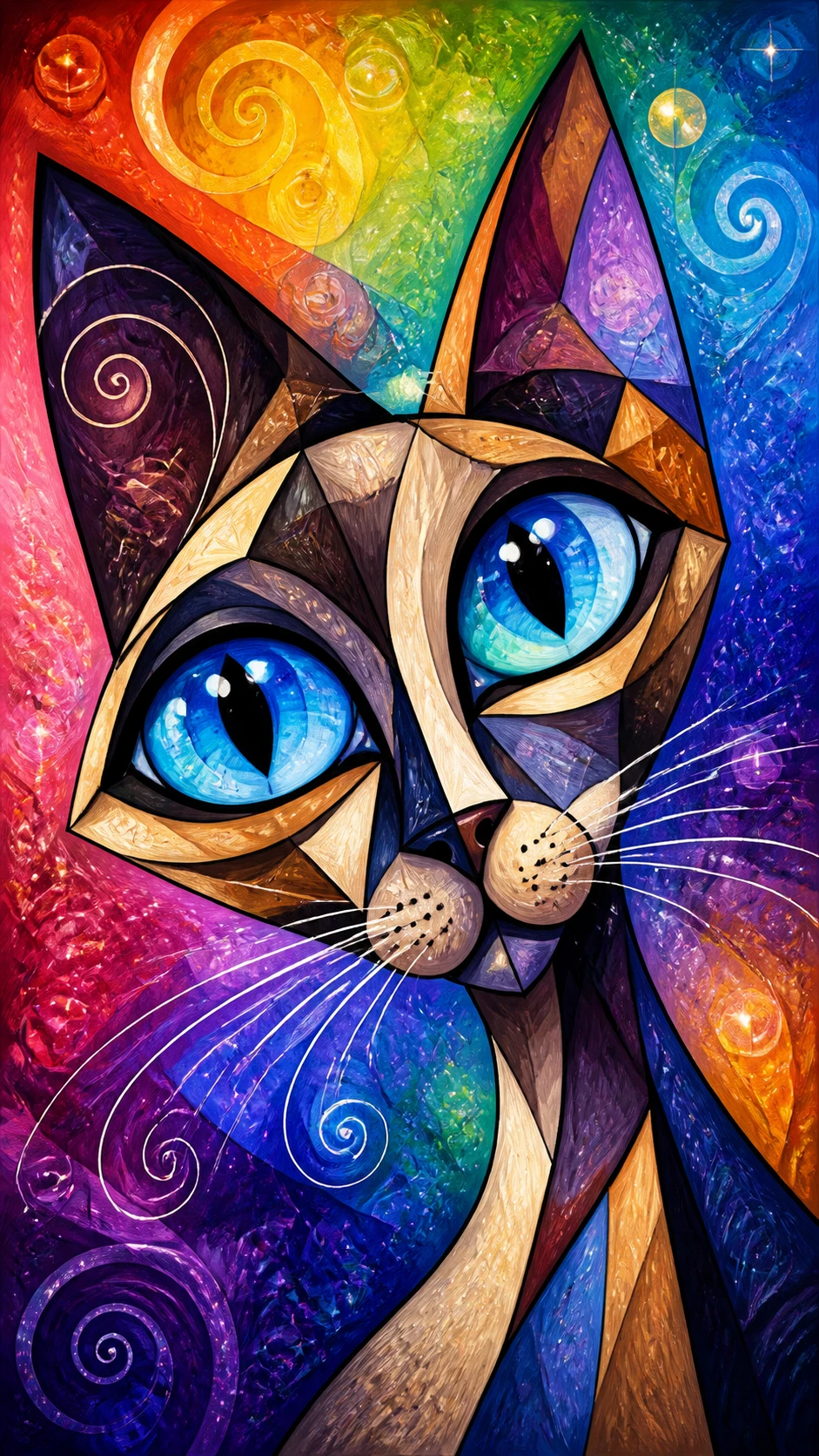 Cubist siamese cat close up with rainbow psychedelic background