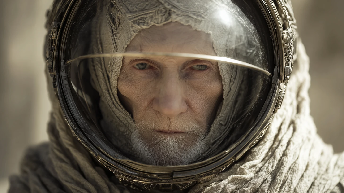 Elderly sci fi warrior in ceremonial hall with domed helmet