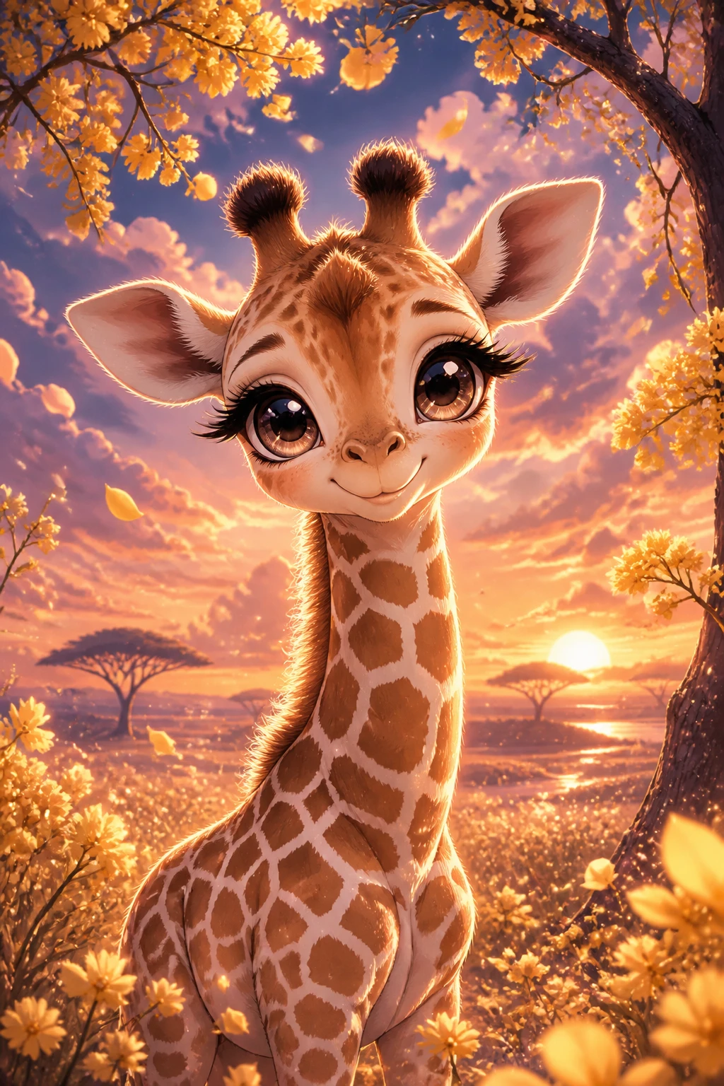 Adorable bébé girafe façon anime près d’acacias au coucher du soleil
