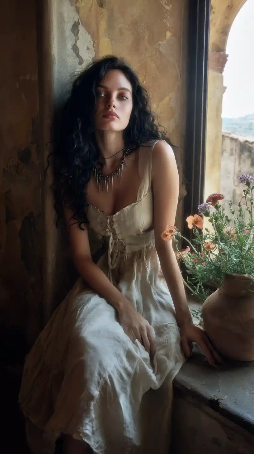 Roman woman on stone bench in a sunlit Tuscan courtyard