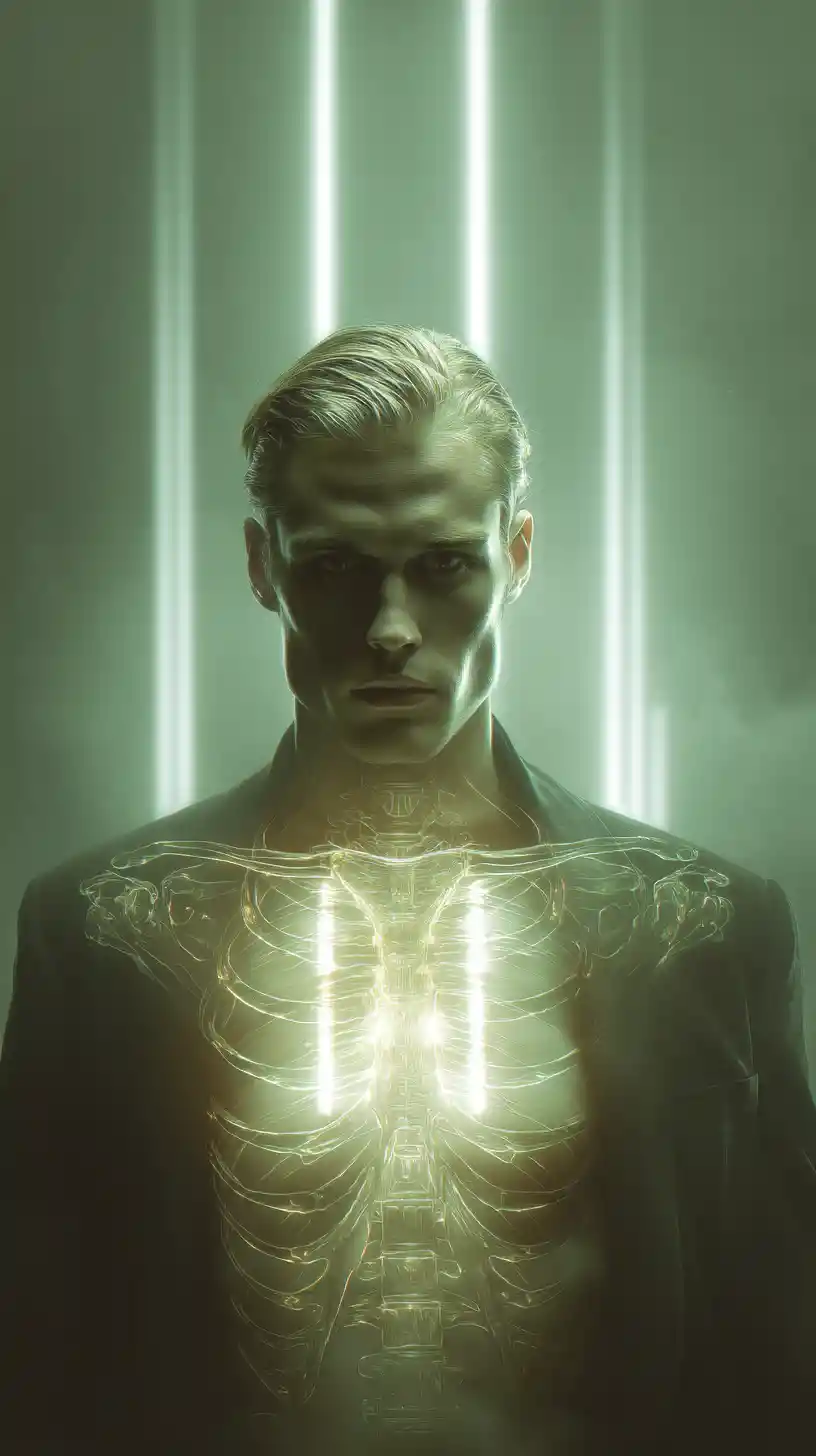 Mystical man with glowing chest skeleton in cinematic portrait