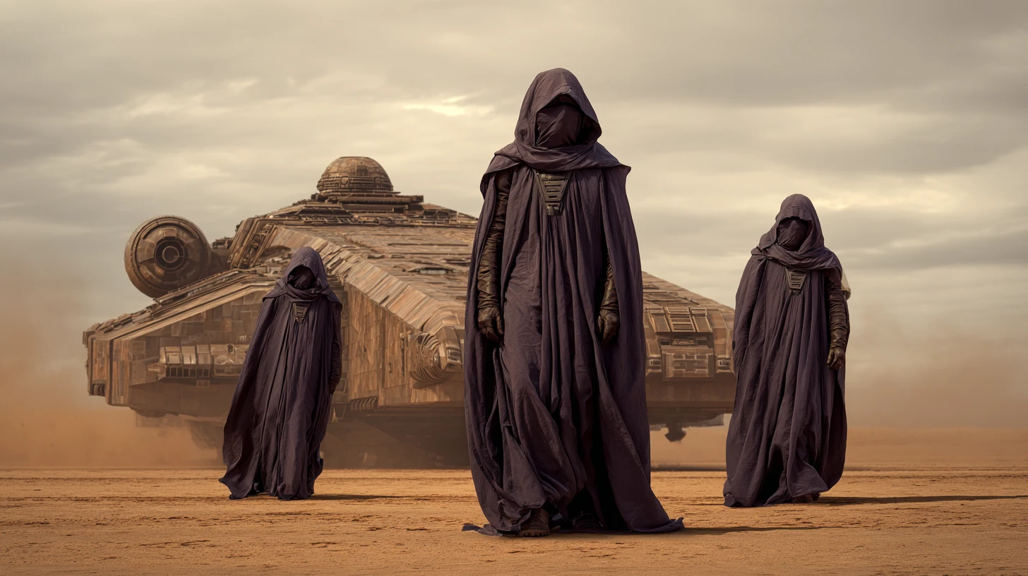 Cinematic sci fi warrior in dark robes on alien world