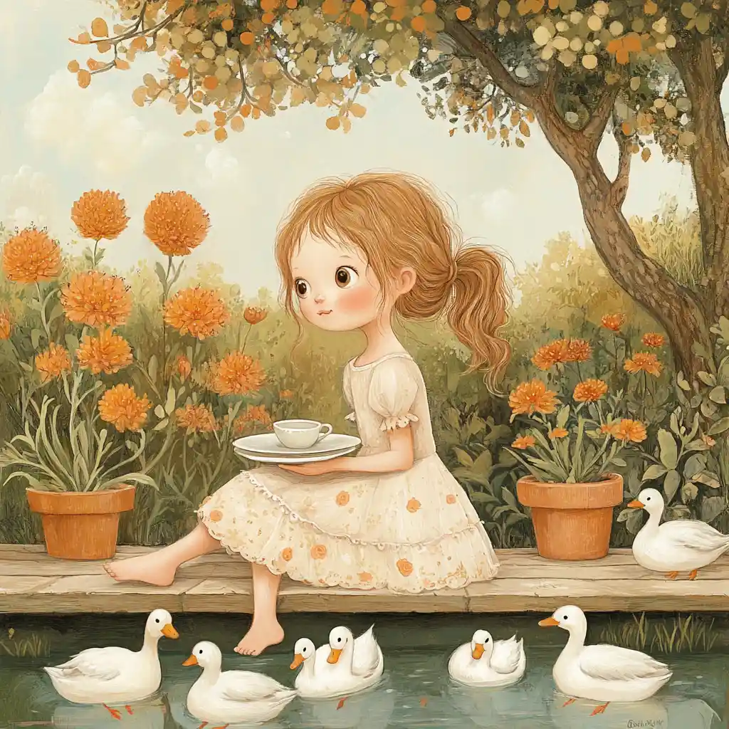 Young girl sitting by ducks in a dreamy garden