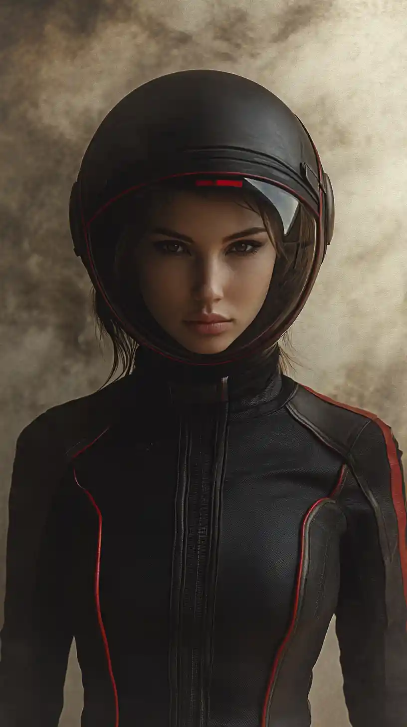 Female astronaut in black and red suit on alien world