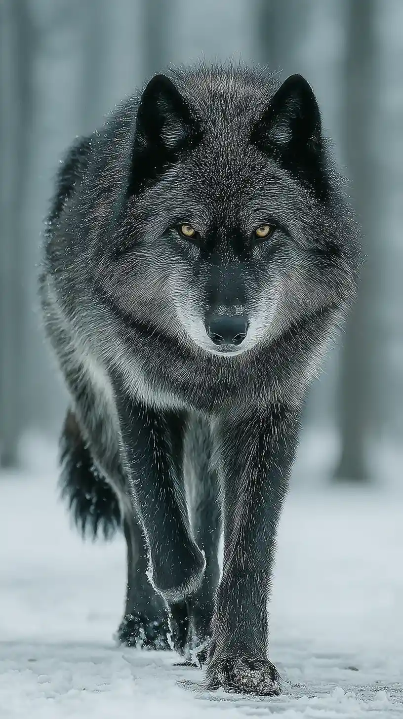 Black wolf walking through pristine snow toward the viewer