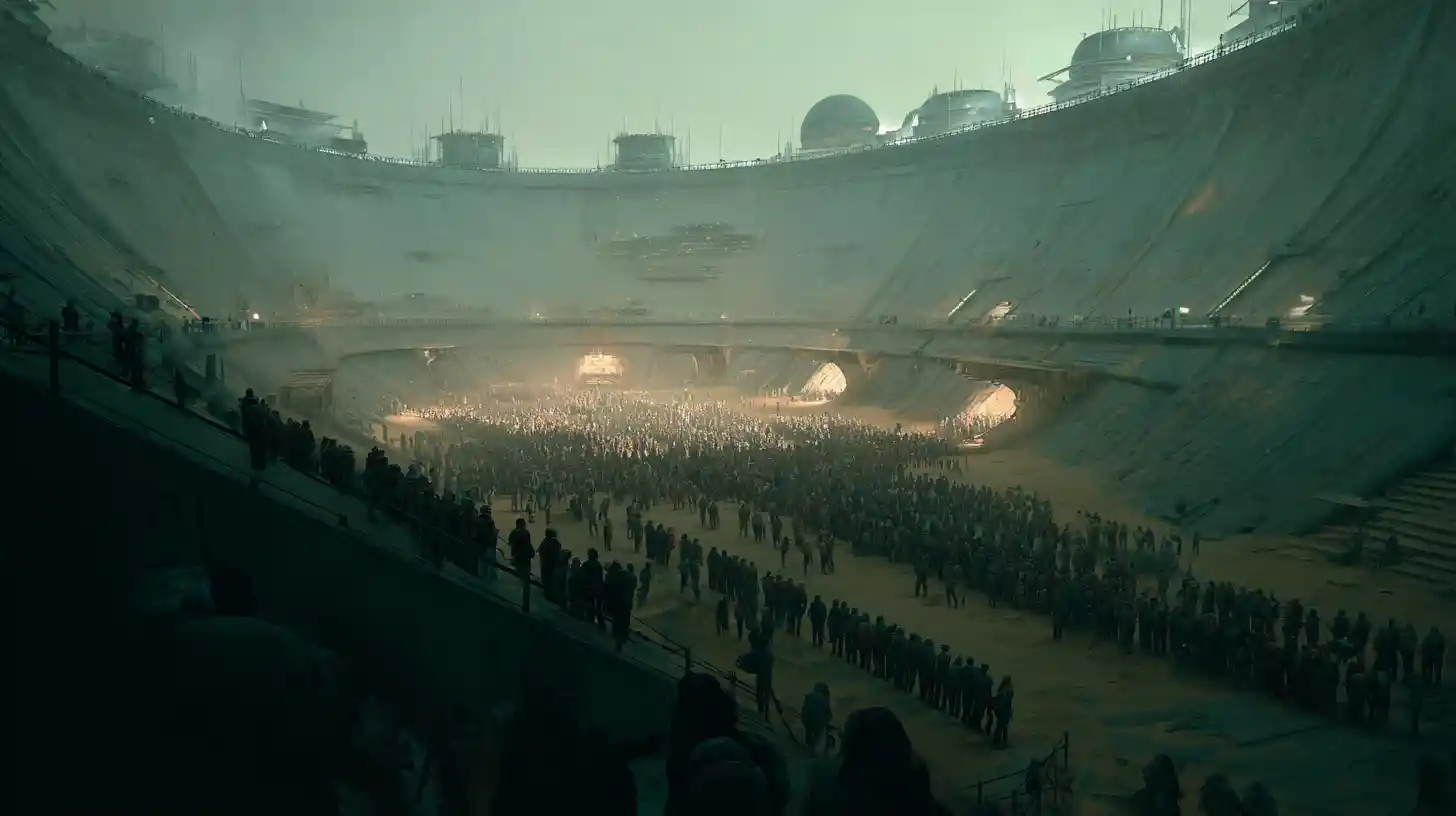 Imponente esercito sci-fi riunito in un'arena futuristica