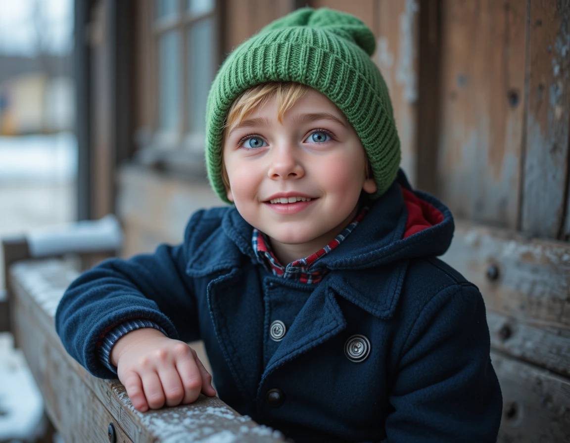 Playful blond boy in green hat on wooden bench