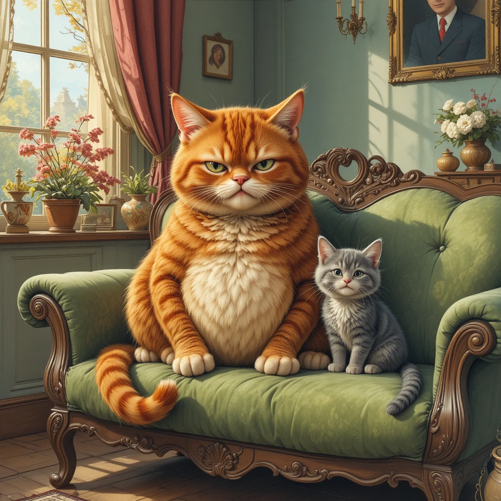 Grumpy Red Cat And Happy Kitten On Green Sofa