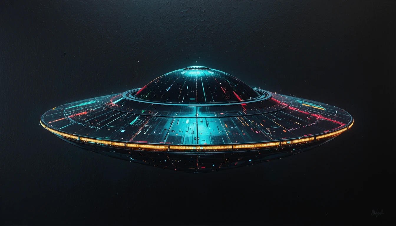 Neon lit retro futuristic ufo hovering in deep black space