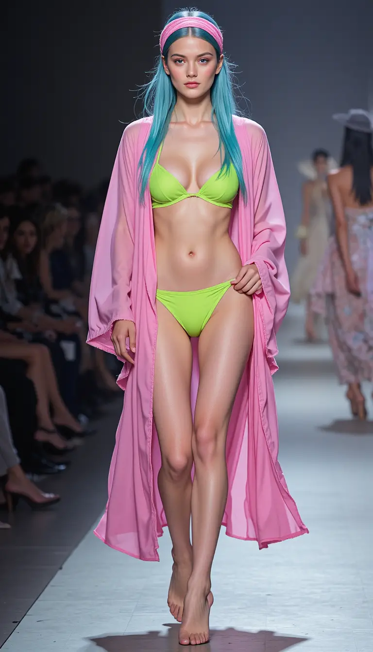 Young model in neon lingerie on summer runway stage