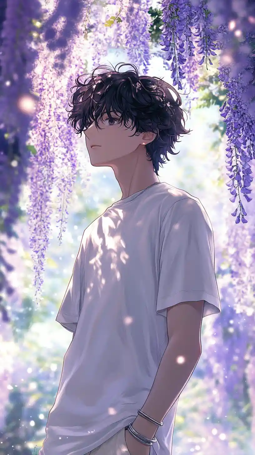 Ragazzo anime sotto cascate di glicine viola