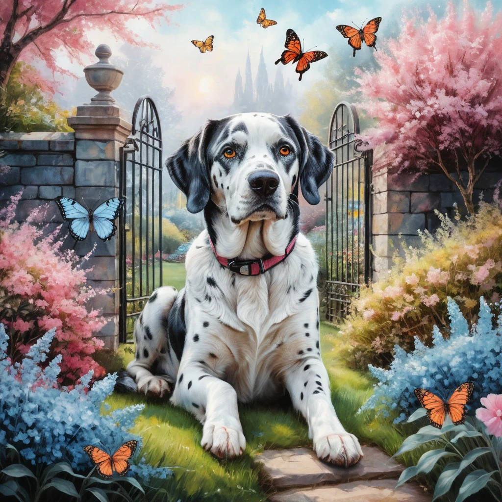Dalmatian resting in a flower garden with butterflies