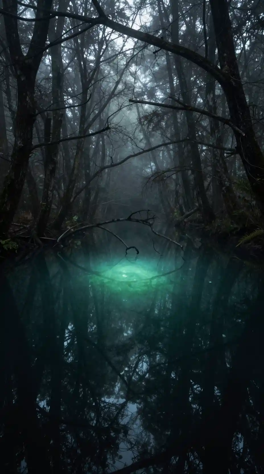 Luminescent Pond In A Mist Shrouded Ancient Forest