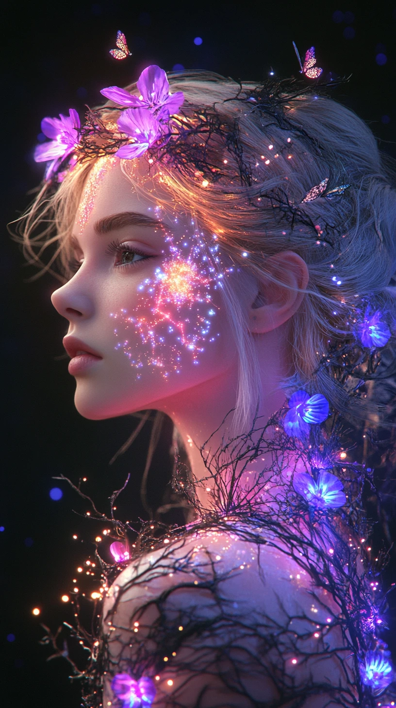 Ethereal crowned woman glowing in a cosmic night sky