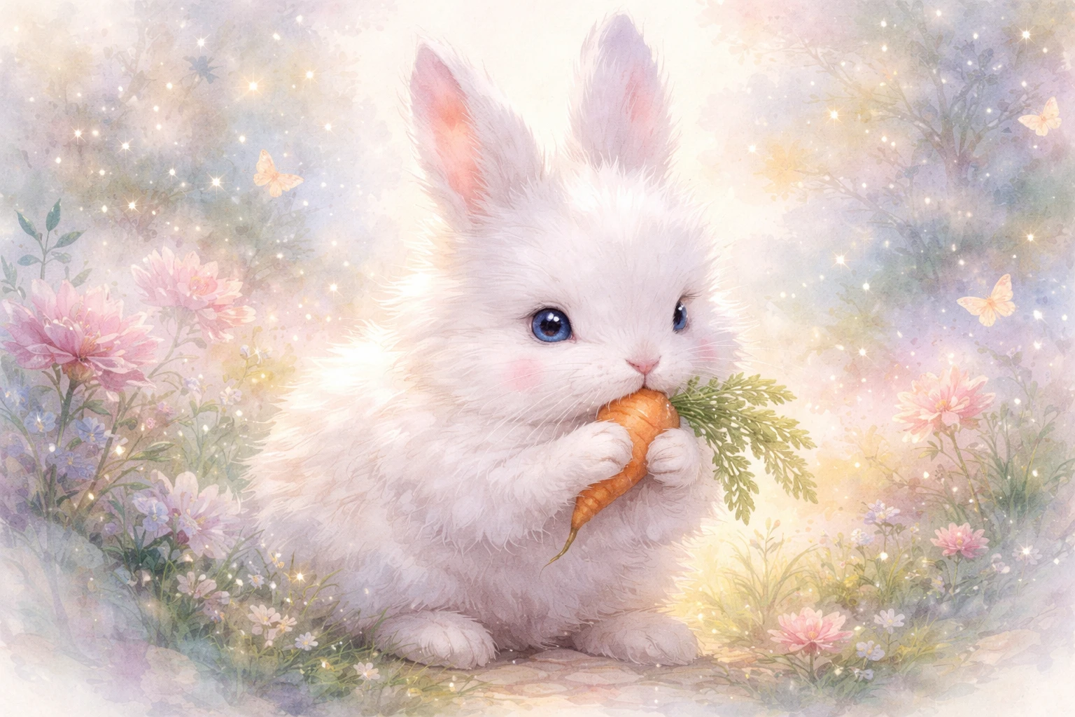 Watercolor baby rabbit nibbling a carrot in soft spring garden