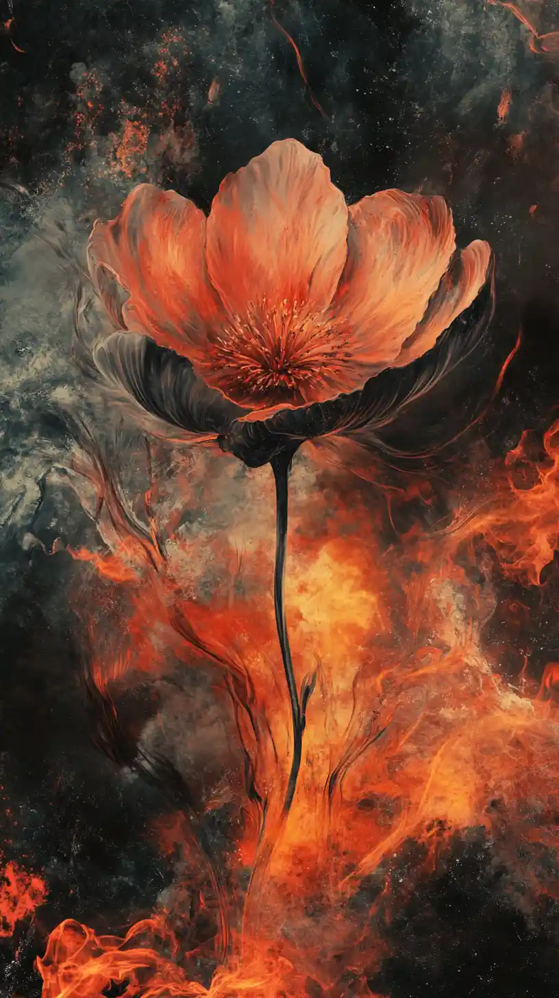 Charred watercolor flower between fire and ice worlds