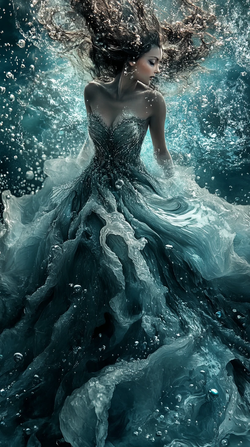 Regina del mare eterea in un fluente abito d’acqua e perle