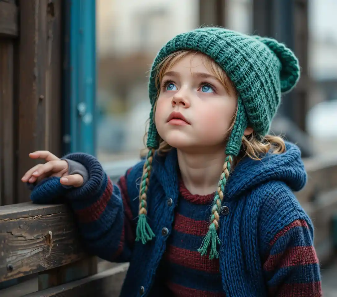 Playful young boy in green knit hat looking upward