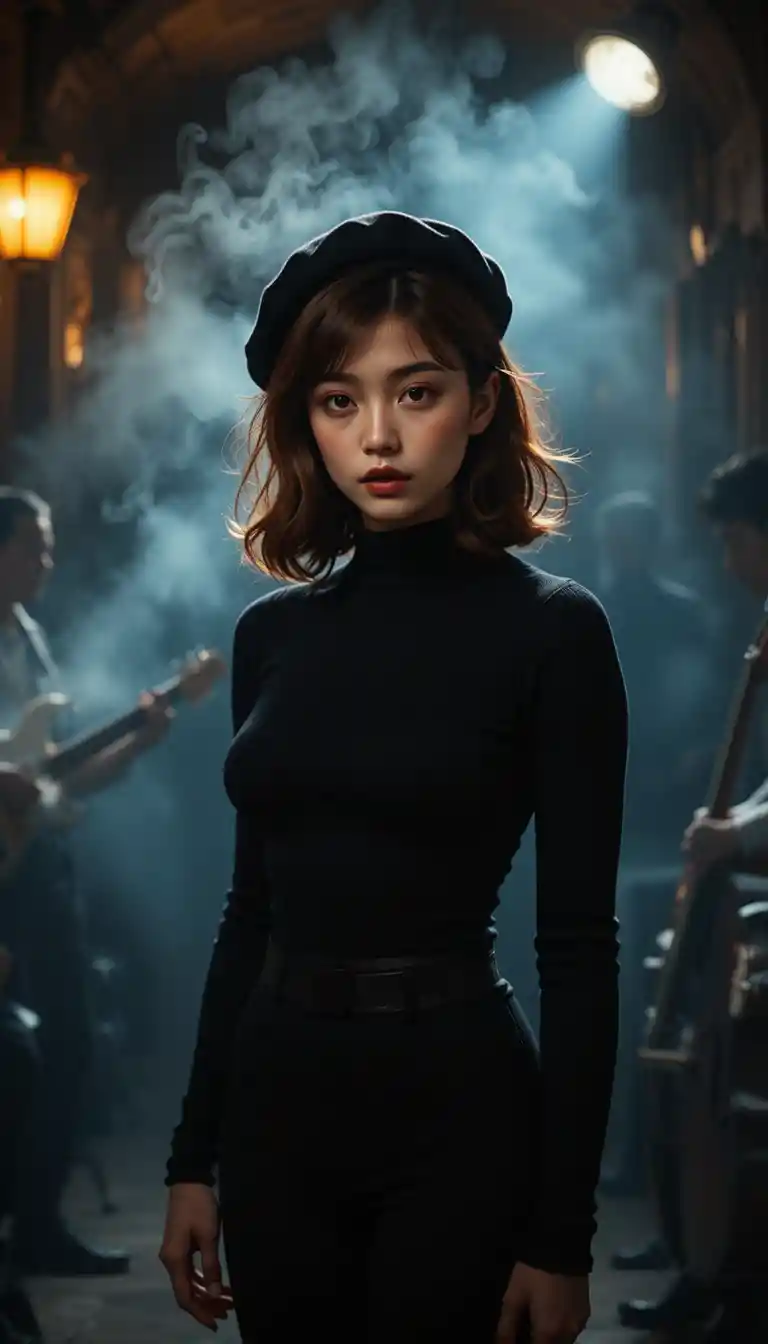 Korean woman in a smoky Paris jazz cellar with dramatic light