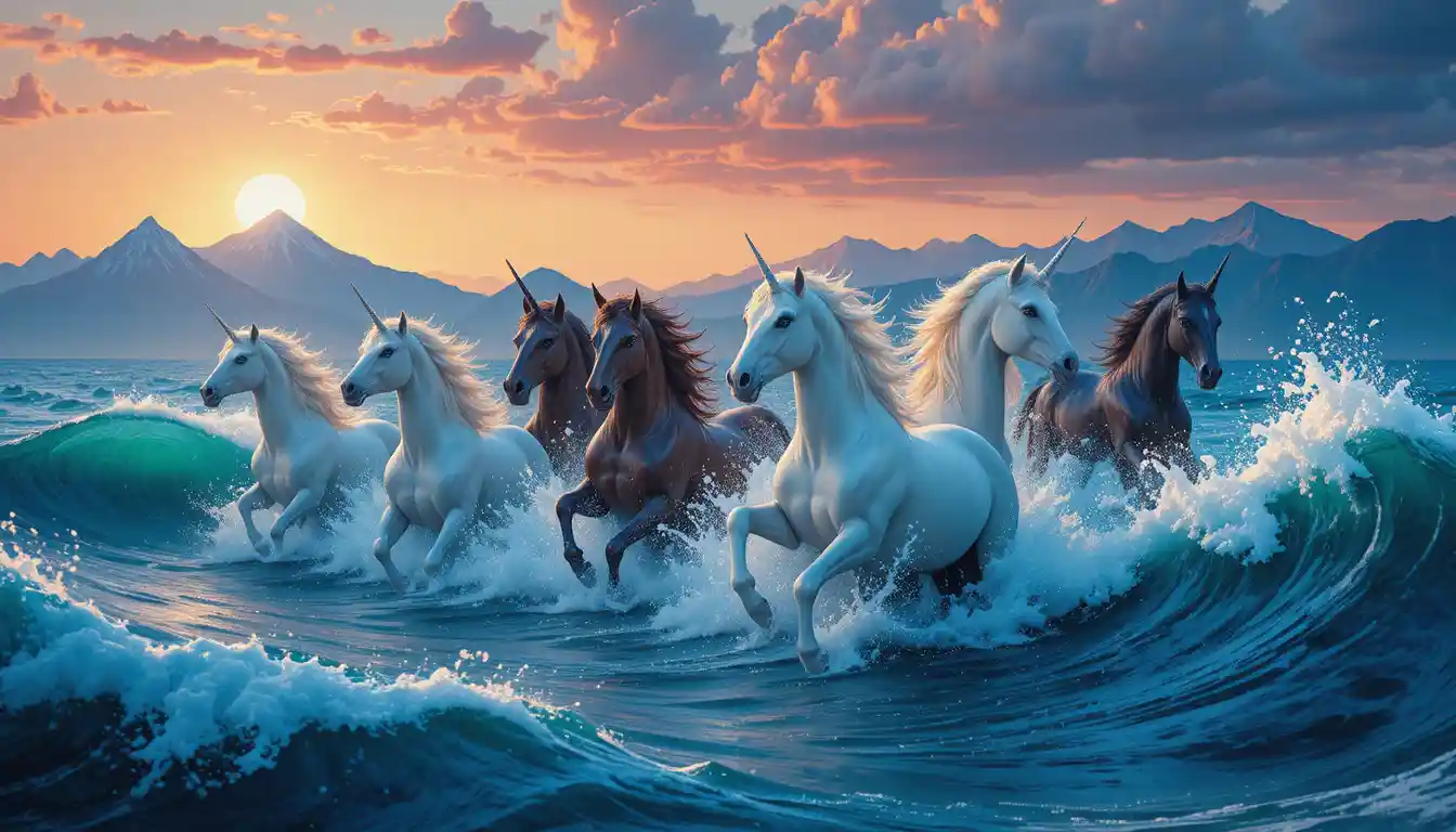 White unicorn herd running through glowing ocean waves